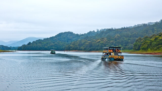 Boat safari on the calm Periyar Lake surrounded by misty forested hills in Thekkady