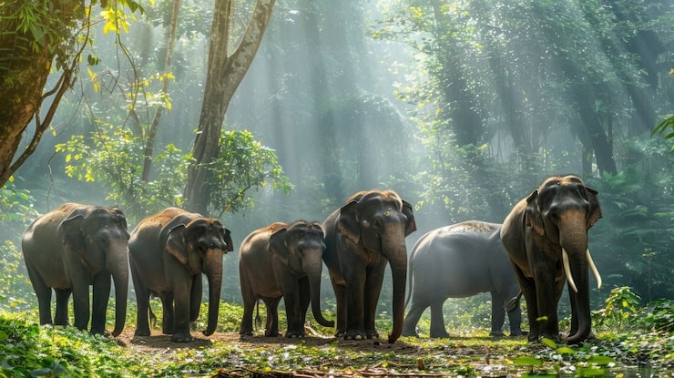 Herd of wild elephants in a sunlit forest in Thekkady, Kerala